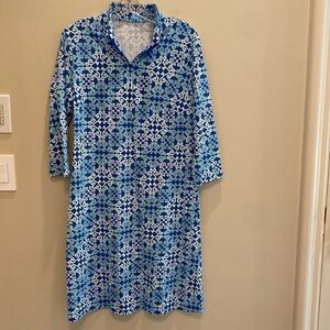 Blue Patterned V-Neck Women's Dress
